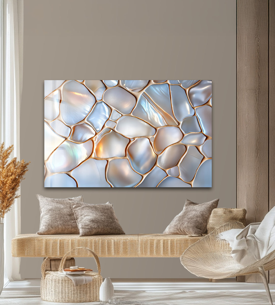 Luminous Stonescape – Iridescent Pebble Glass Wall Art