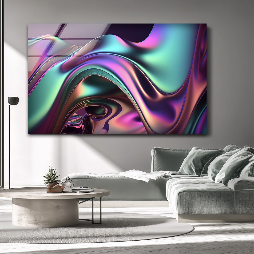 Iridescent Wave Mirage – Neon Chrome Flow Glass Wall Art