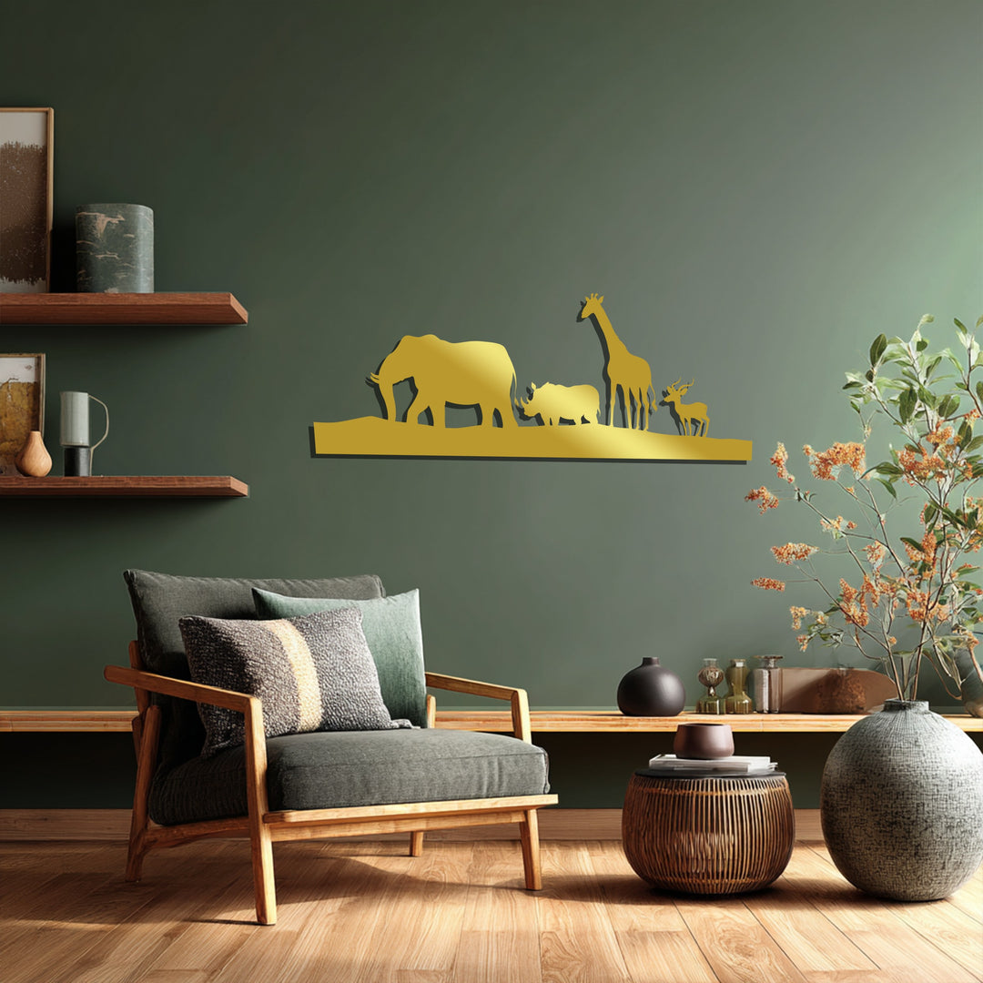 Wildlife metal art for living room featuring safari animal silhouettes