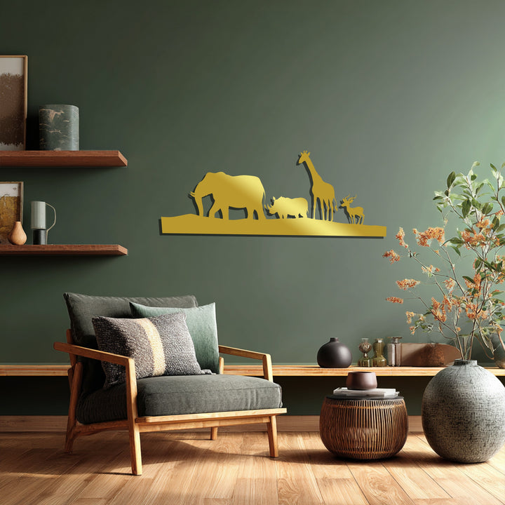 Wildlife metal art for living room featuring safari animal silhouettes