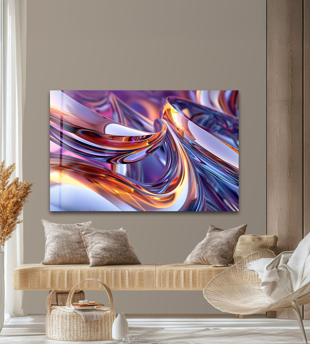 Prismatic Ribbon Fusion – Abstract Chrome Swirl Glass Wall Art