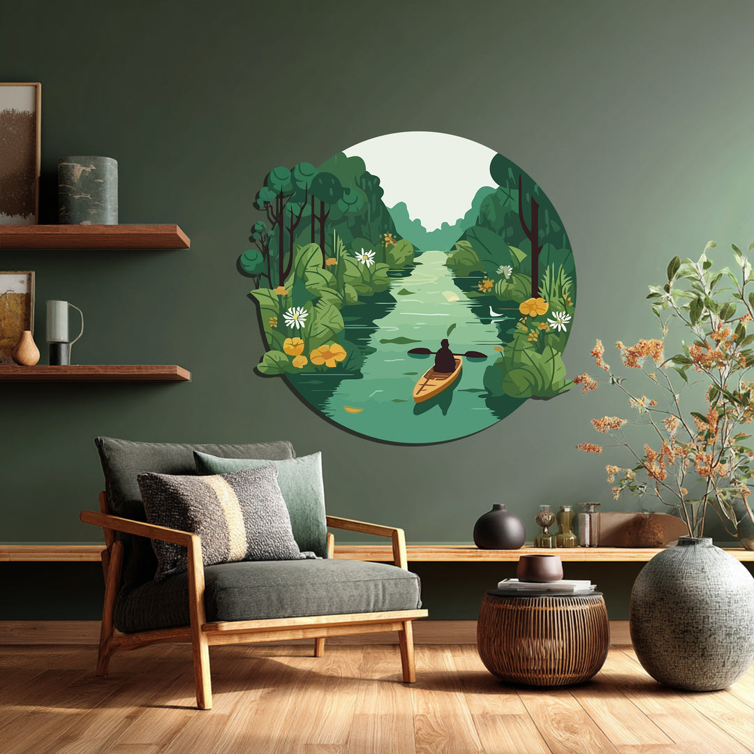 Tranquil Journey – Kayaker in Green Forest River Metal Wall Art