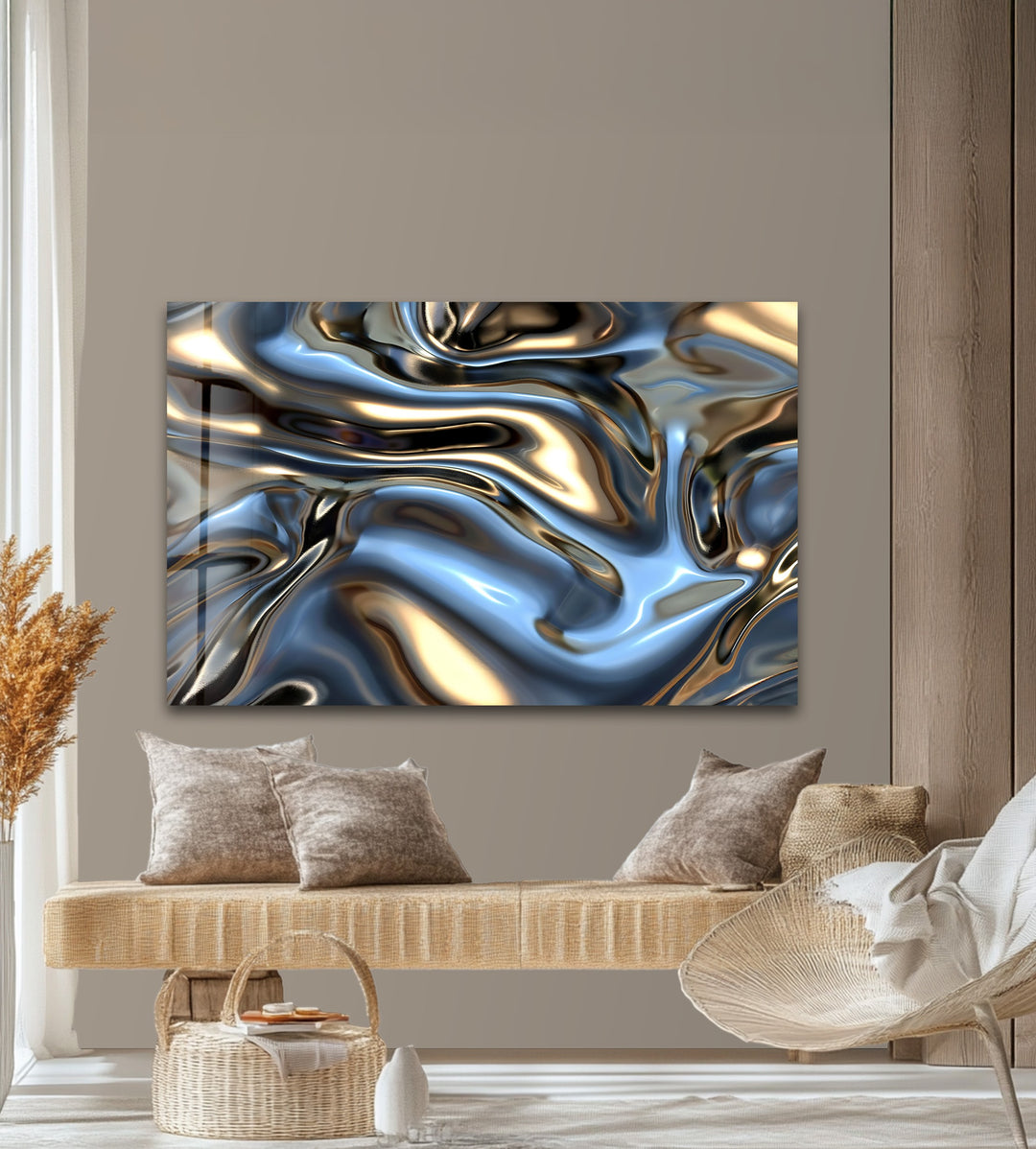 Celestial Metal Drift – Abstract Silver & Gold Fluid Glass Wall Art