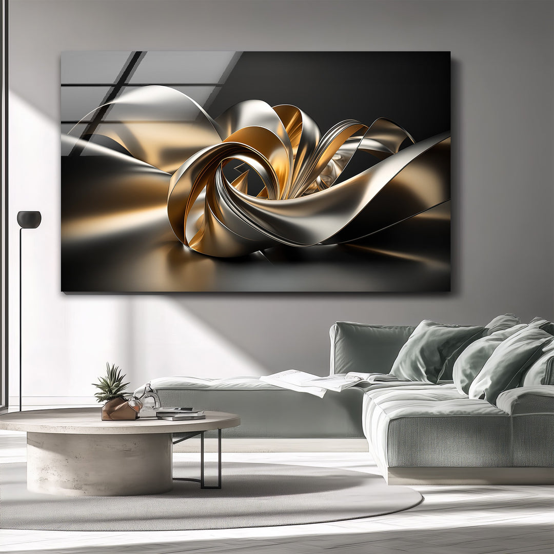 Golden Helix Flow – Abstract Metallic Ribbon Glass Wall Art