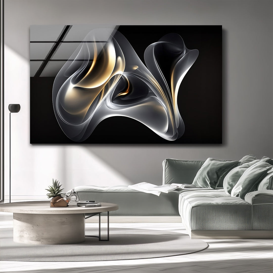 Ethereal Ember Veil – Abstract Smoke Gold Glass Wall Art