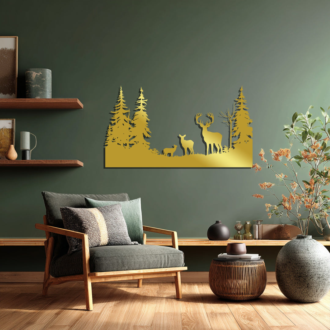Family of Deer in Forest Metal Wall Art – Rustic Wildlife Decor
