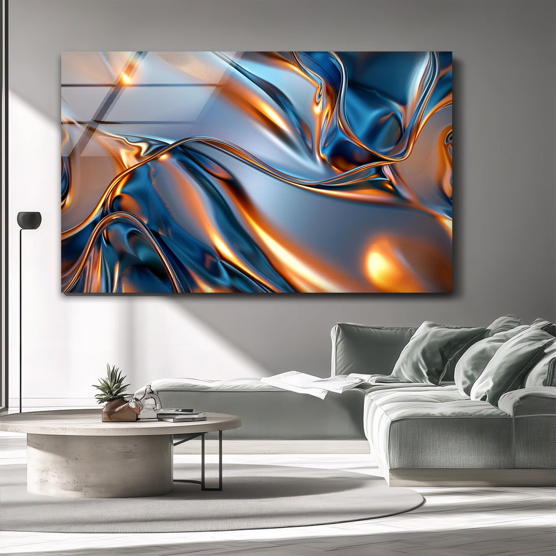 Aurora Metal Flux – Abstract Blue & Copper Chrome Glass Wall Art