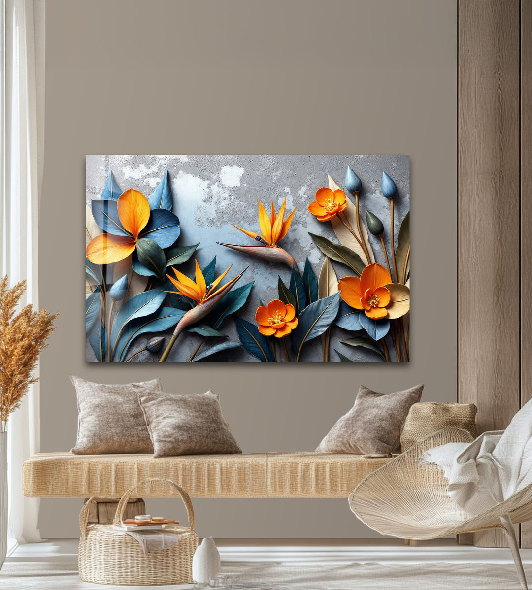 Tropical Bloom Harmony – Artistic Floral Sculpture Glass Wall Art