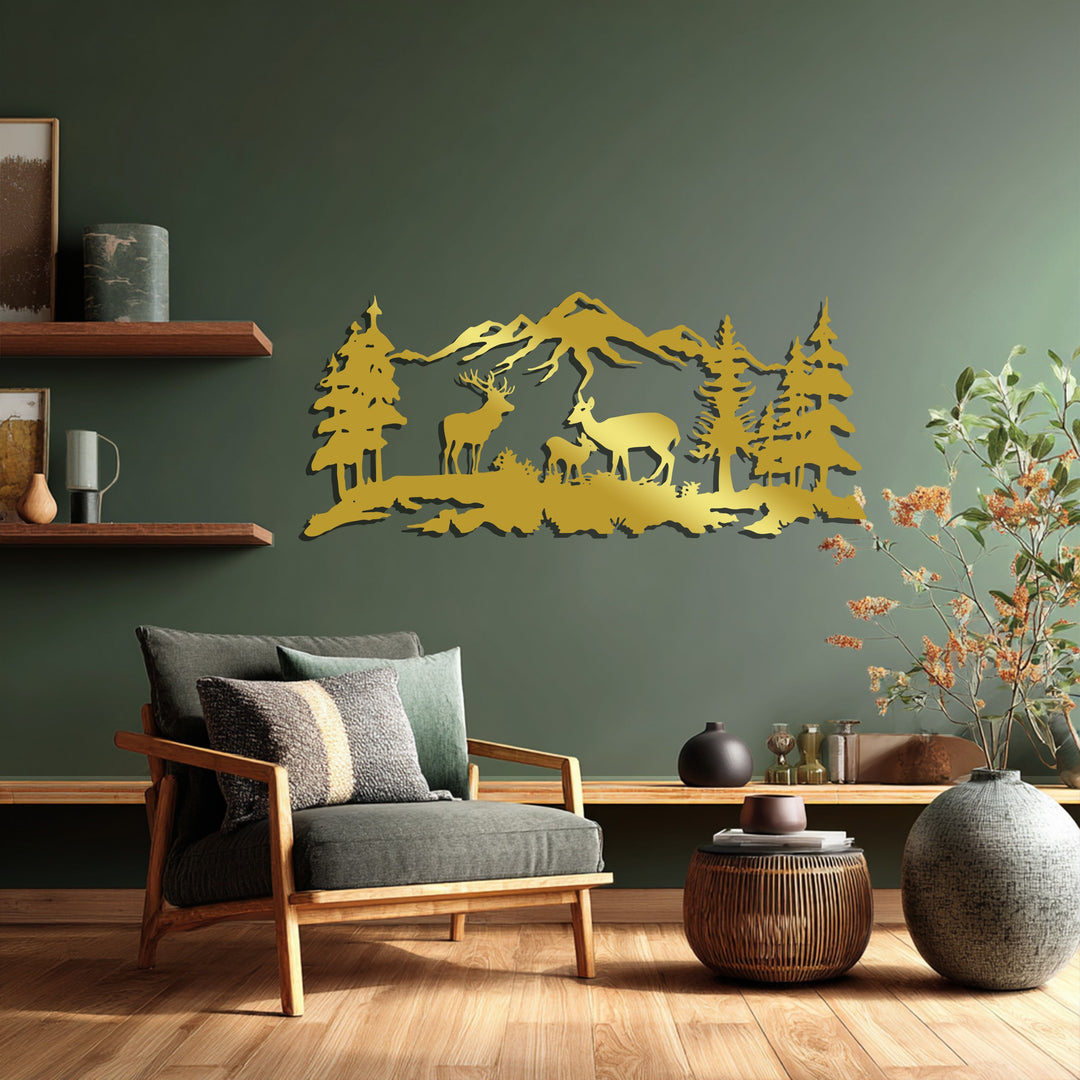Deer Family Mountain Scene Metal Wall Art – Rustic Nature Decor