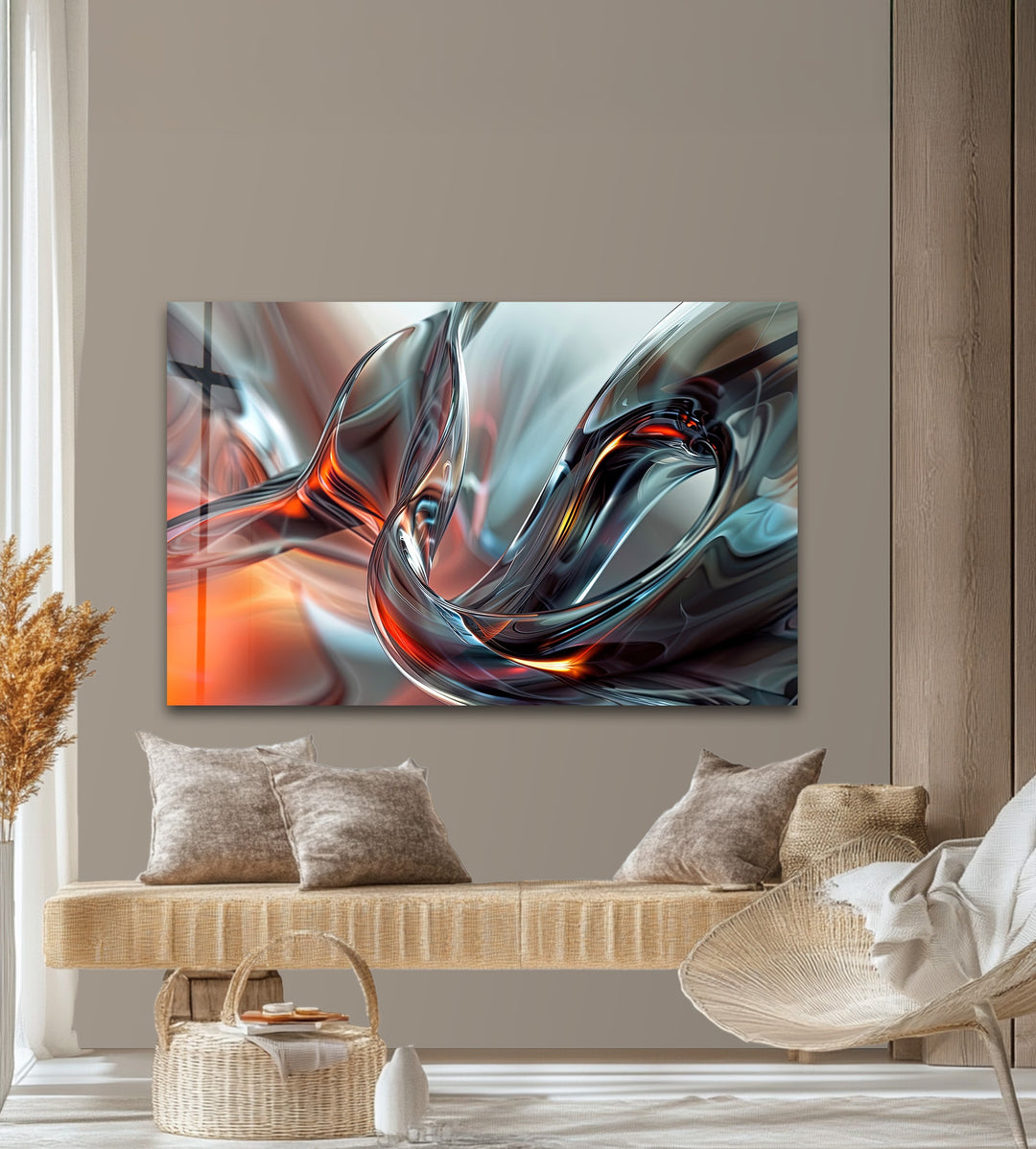Emberwave Crystal Motion – Abstract Chrome & Fire Glass Wall Art