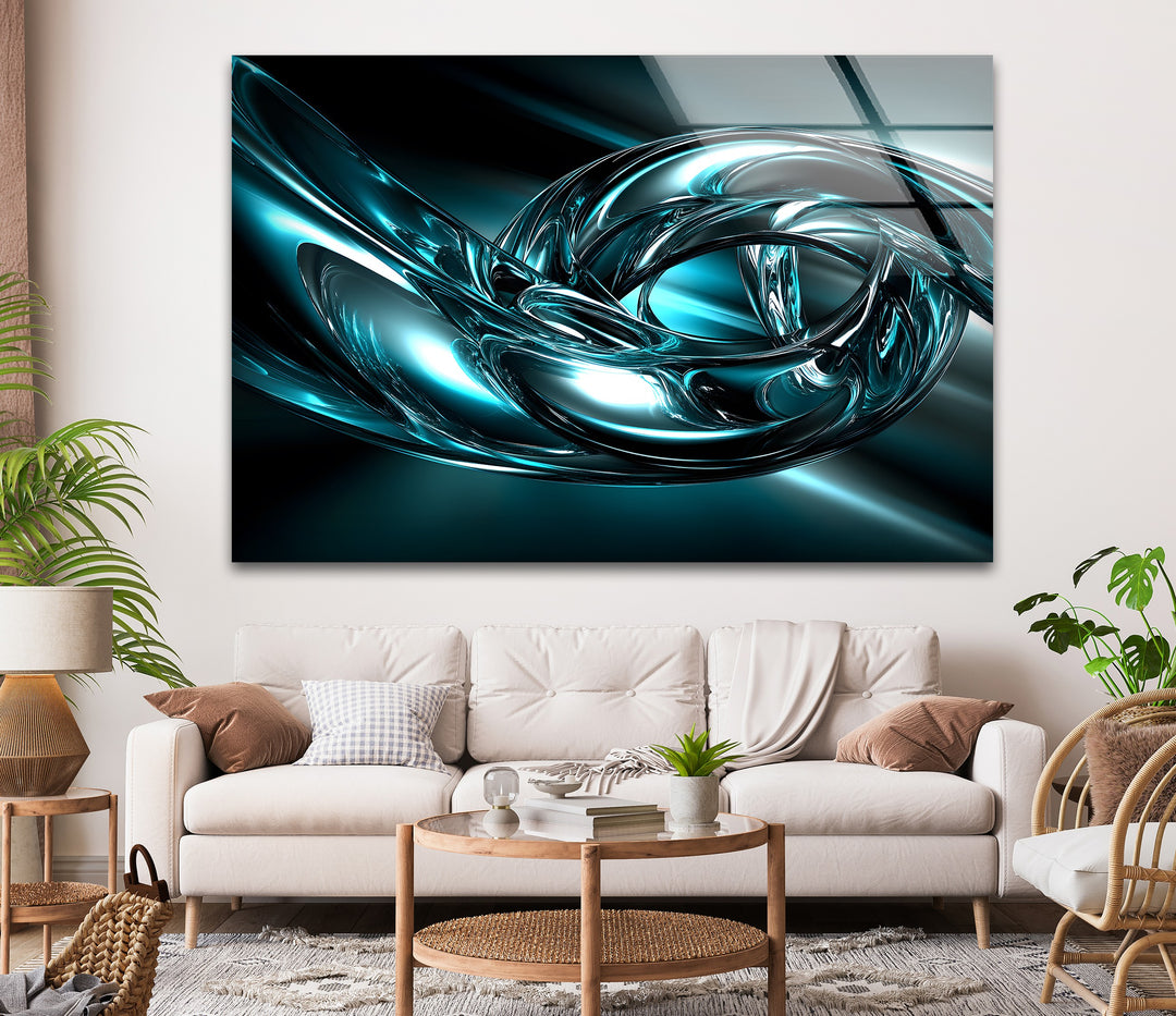 Aqua Vortex Chrome – Abstract Teal Metallic Motion Glass Wall Art