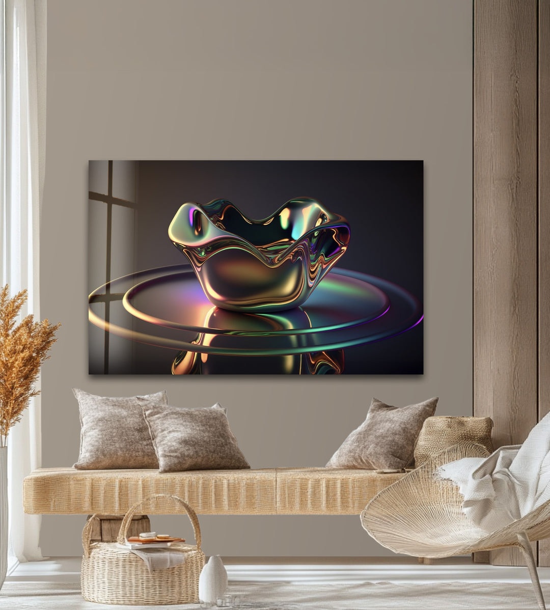 Iridescent Sculpted Bloom – Futuristic Chrome Bowl Glass Wall Art