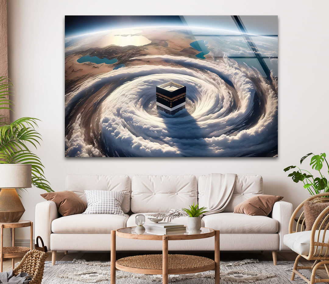 Divine Orbit – Kaaba Surrounded by Celestial Clouds Glass Wall Art