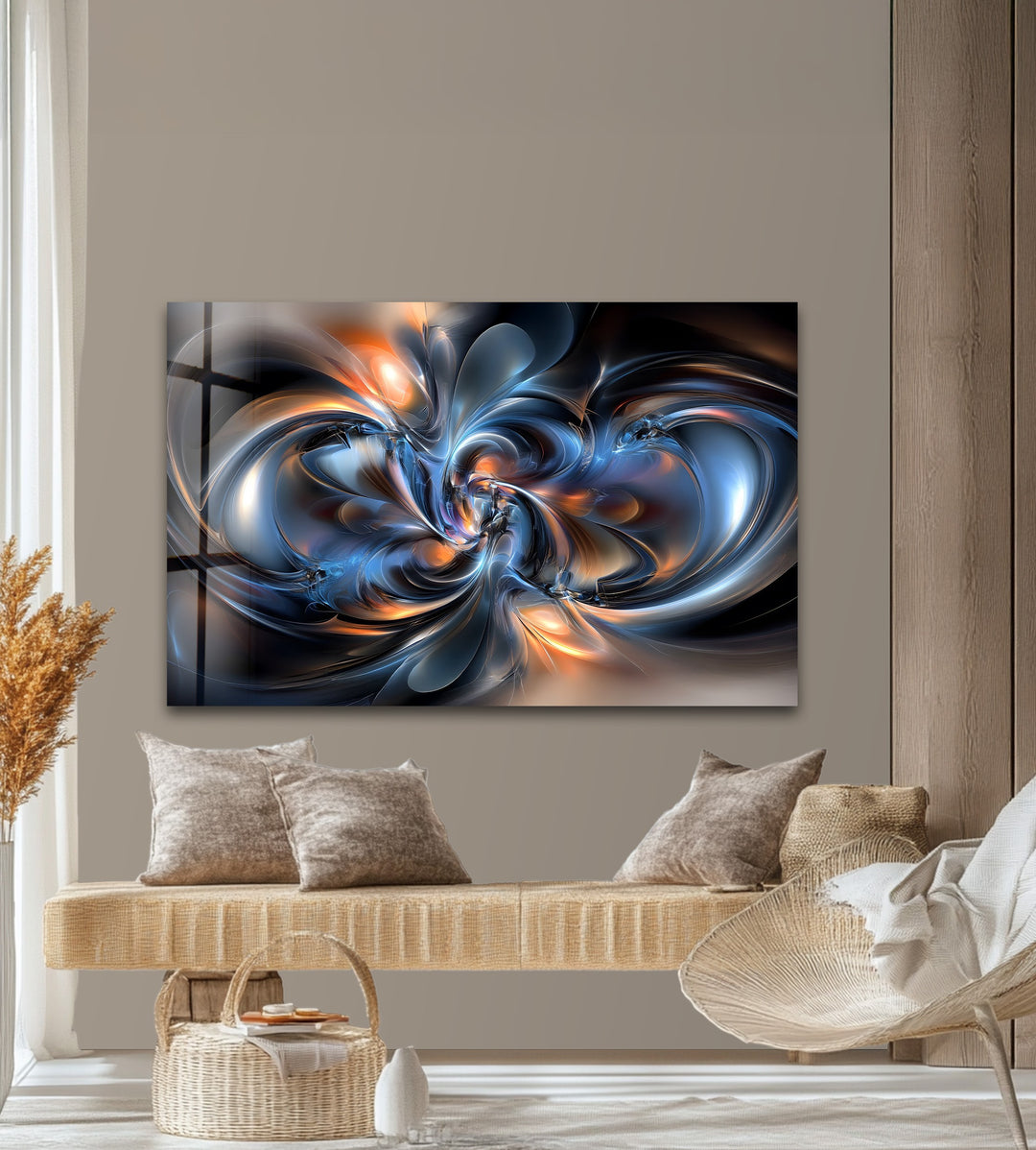 Cosmic Helix Radiance – Abstract Blue & Ember Swirl Glass Wall Art