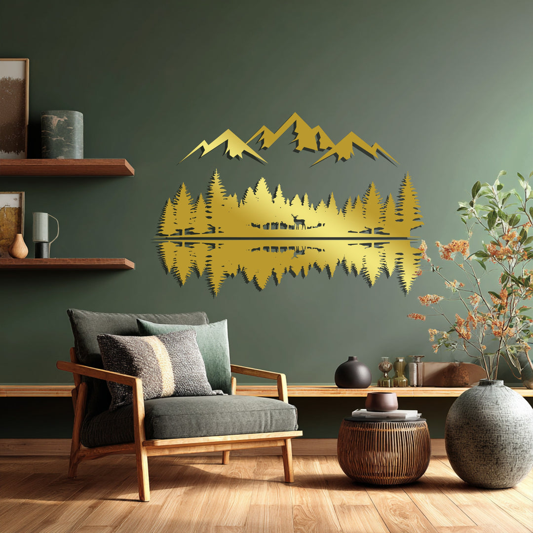 Rustic Mountain Forest Metal Wall Art – Nature Reflection Decor