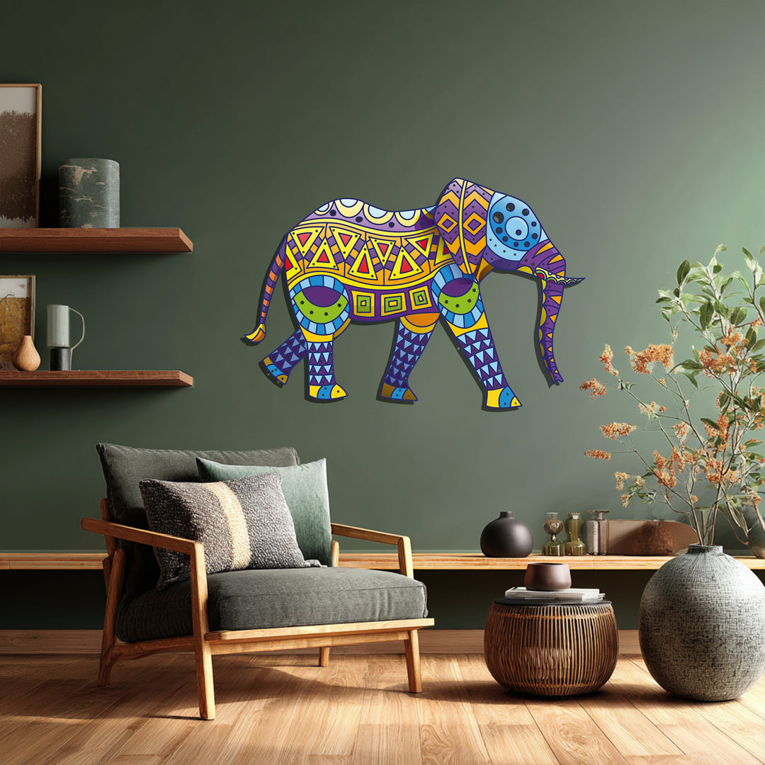 Colorful Tribal Elephant Metal Wall Art – Bohemian Animal-Inspired Home Decor