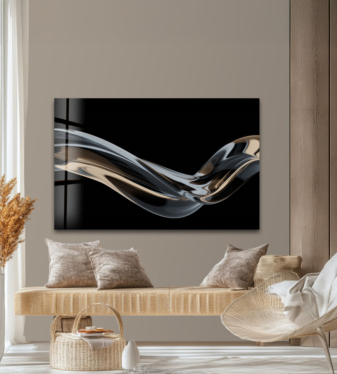 Ebony Silk Wave – Minimalist Metallic Flow Glass Wall Art