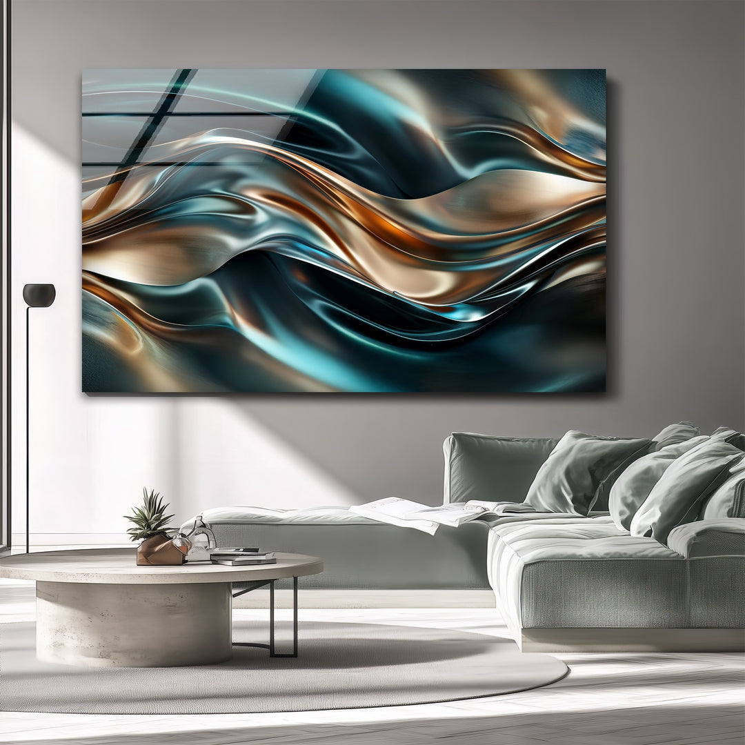 Ocean Bronze Serpentine – Abstract Metallic Wave Glass Wall Art
