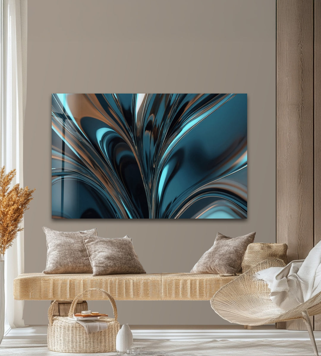 Midnight Aqua Surge – Abstract Teal Chrome Glass Wall Art