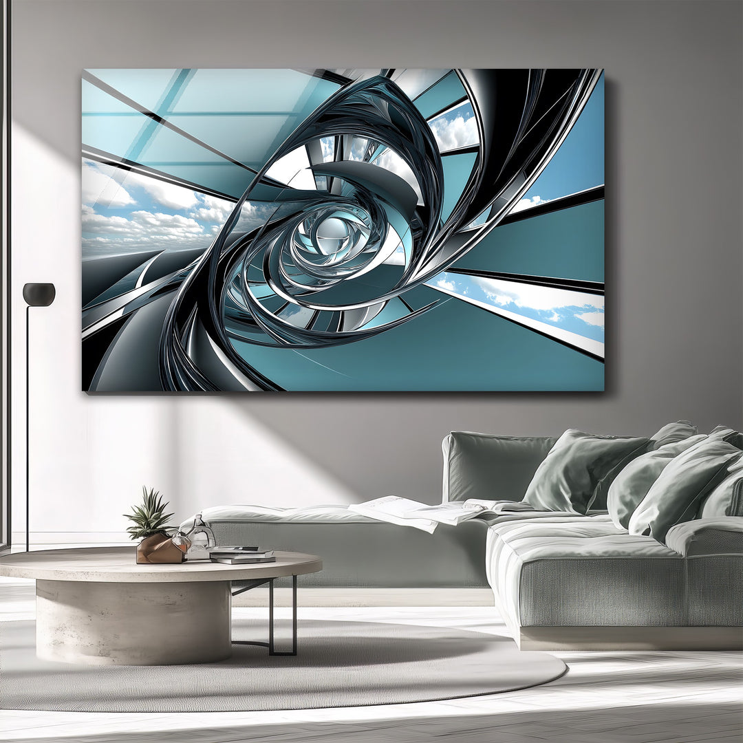 Aero Spiral Gateway – Futuristic Chrome Tunnel Glass Wall Art