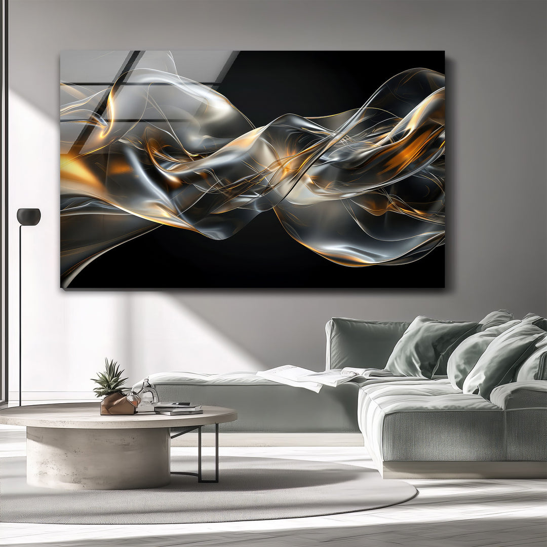 Midnight Ember Drift – Abstract Smoke Gold Glass Wall Art