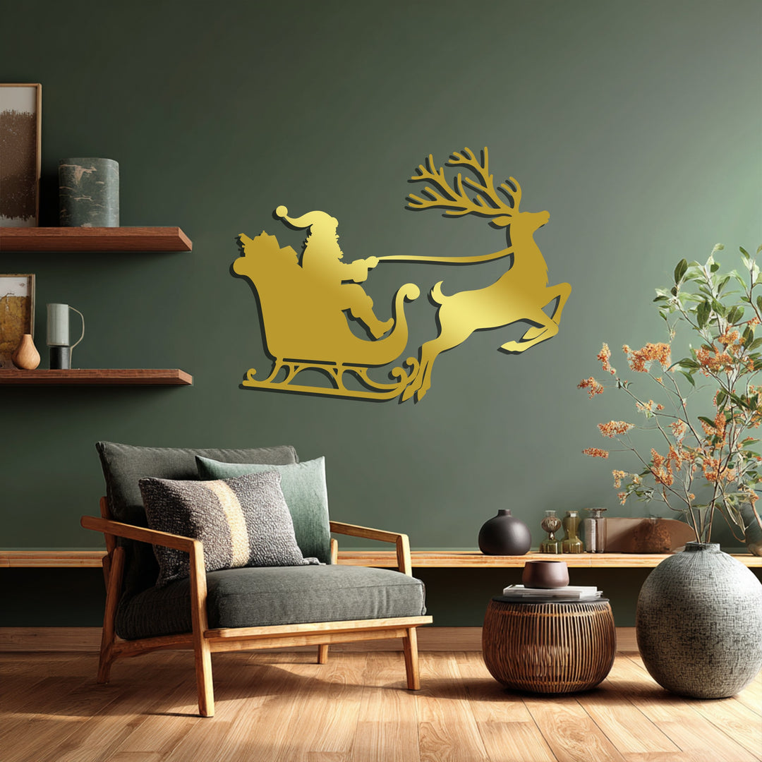 رحلة سانتا على الزلاجة – غزلان عيد الميلاد فن جداري معدني