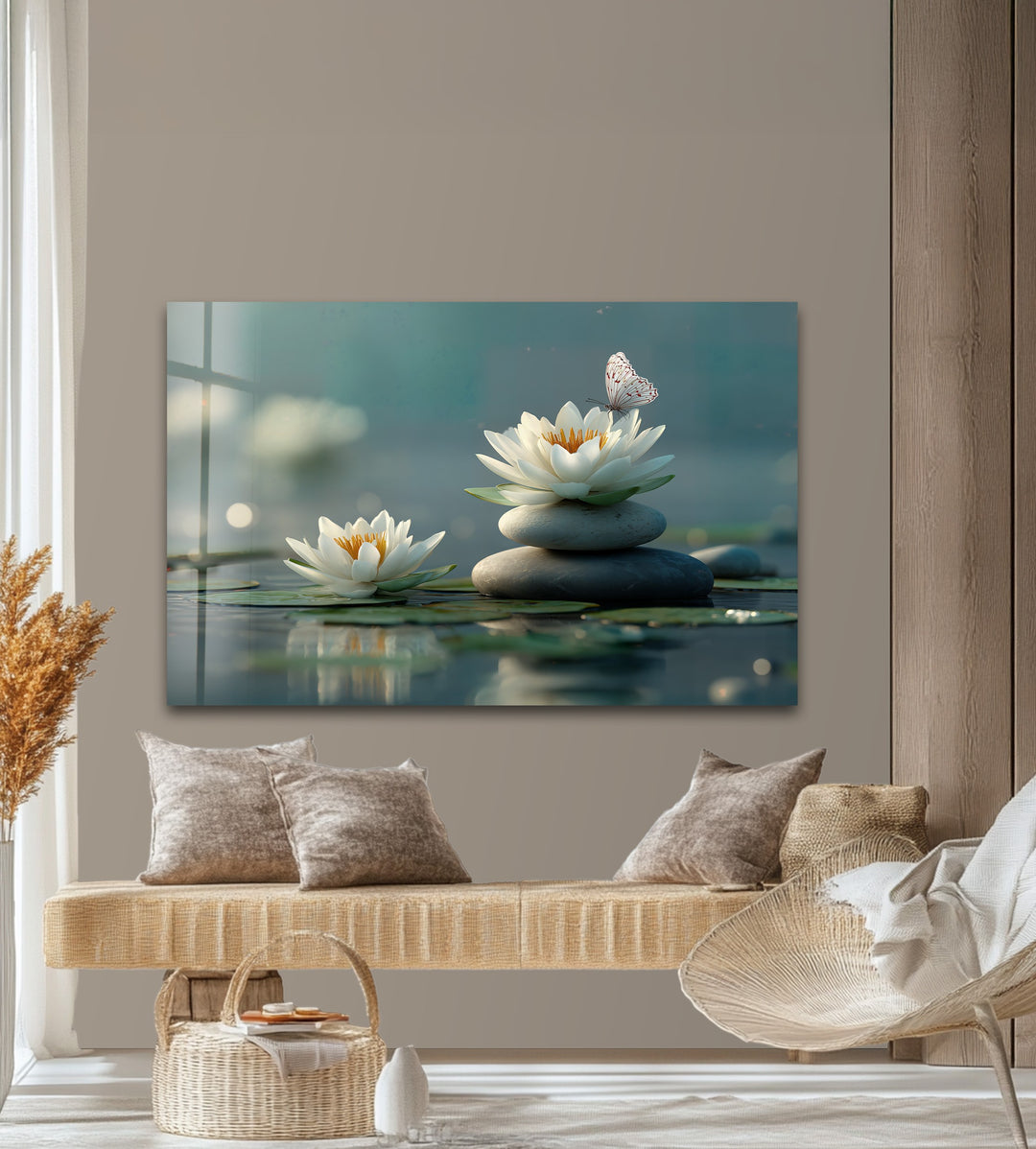 The high-quality glass wall art prints beautifully capture the serene zen lotus balance on tranquil water, showcasing its smooth, reflective surface.