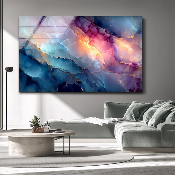 Abstract wall art prints capturing a modern marble glass design with swirling blues, pinks, purples, and ethereal gold veins.