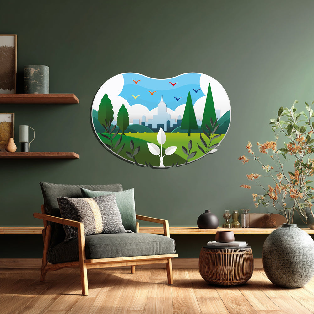 Urban skyline with trees metal artwork for interiors