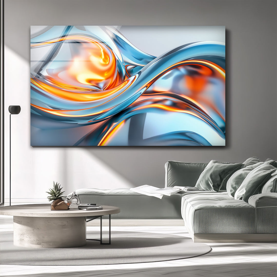 Solar Frost Fusion – Abstract Blue & Orange Chrome Glass Wall Art