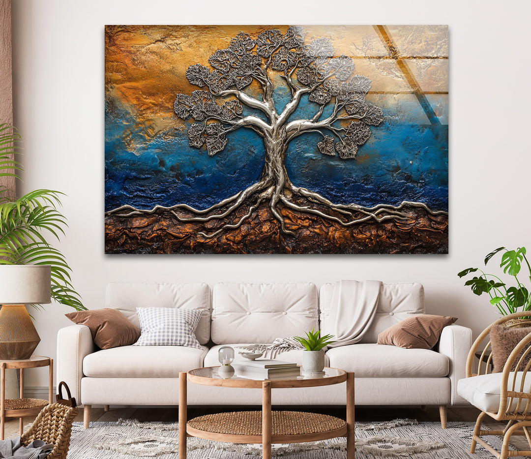 Eternal Roots Bronze – Sculpted Metallic Tree Glass Wall Art