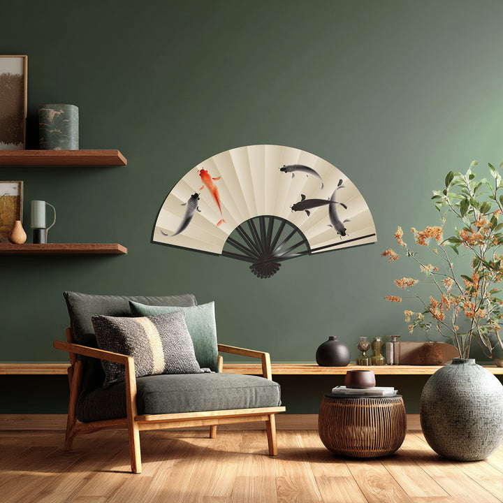 Against a dark green backdrop, the unique metal wall art featuring an elegant Koi fish fan adds a touch of Japanese-inspired home decoration.