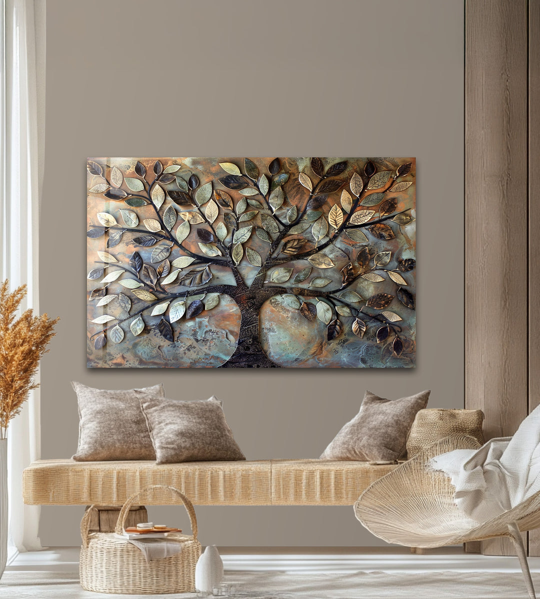 Verdant Bronze Tree – Textured Nature-Inspired Glass Wall Art