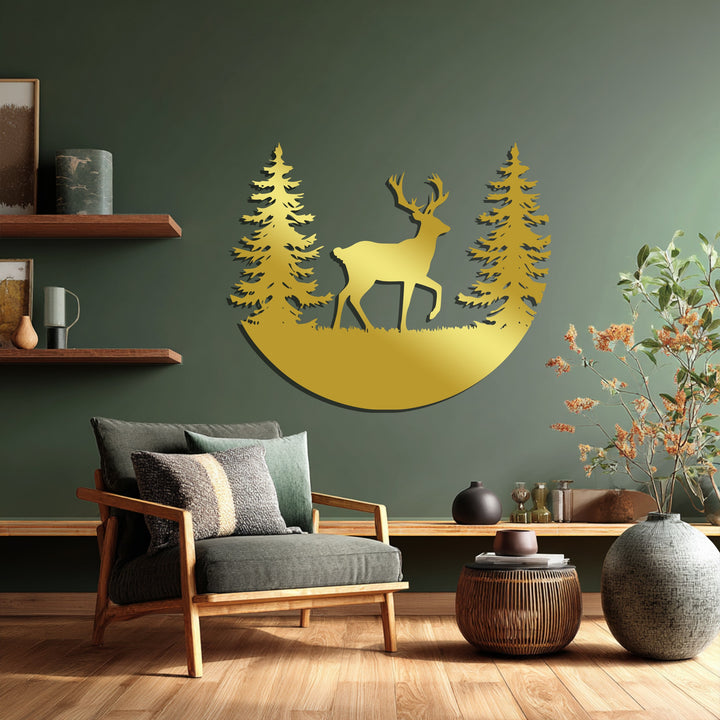 Forest scene metal artwork featuring deer silhouette