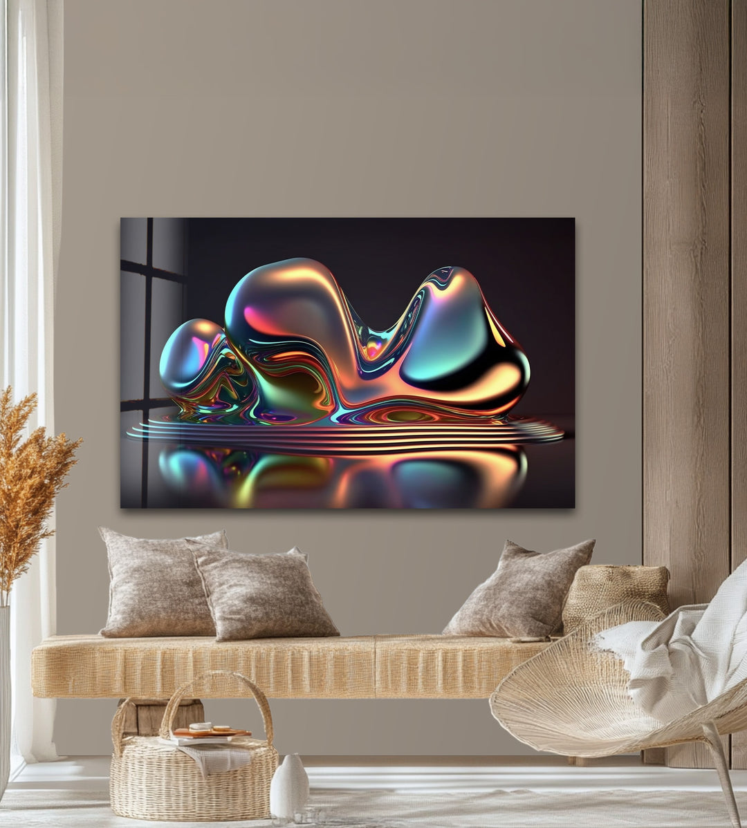 Liquid Prism Sculpture – Iridescent Chrome Form Glass Wall Art