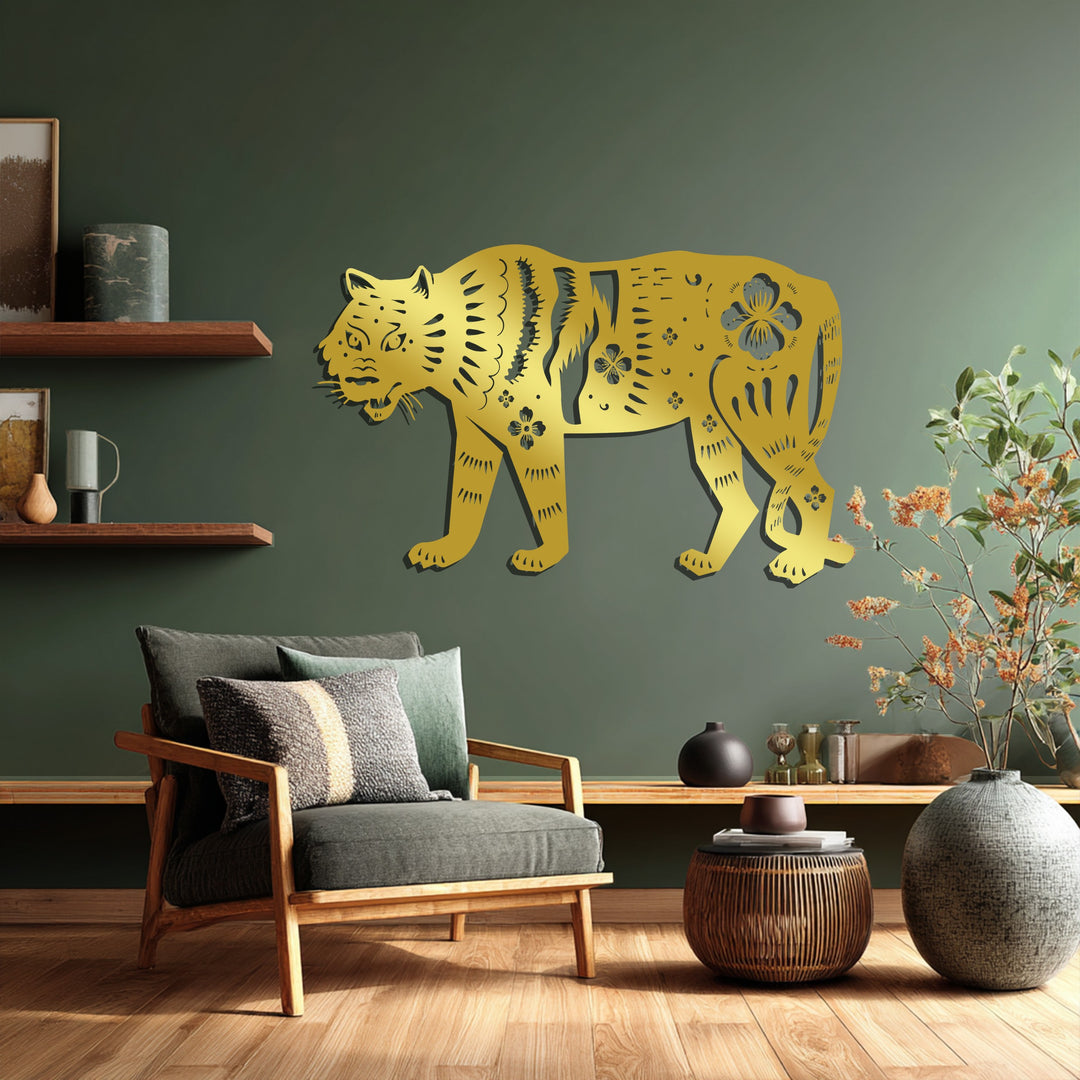 Floral Tiger Metal Wall Art – Animal Silhouette Decor