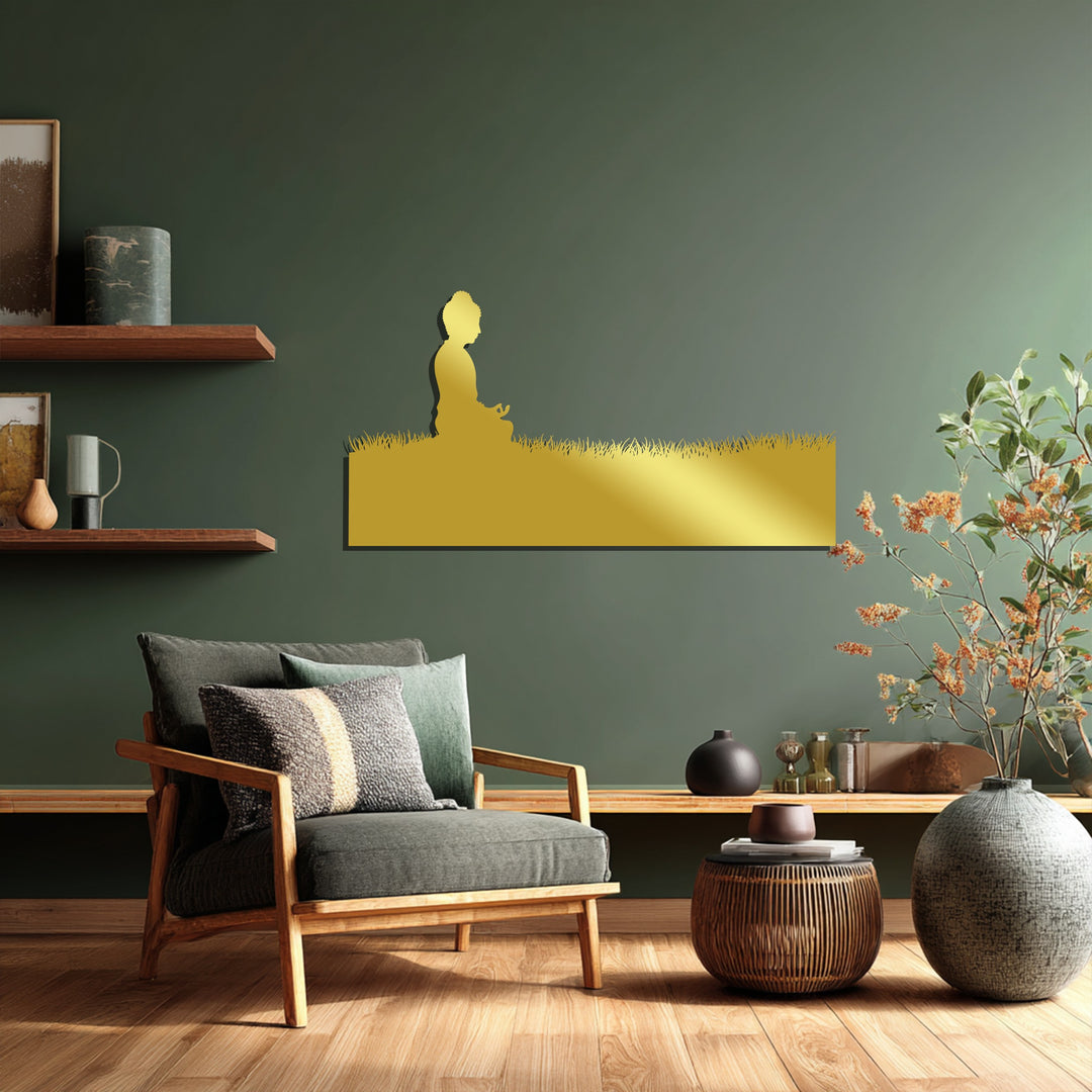 Minimalist Buddha on grass metal wall decoration