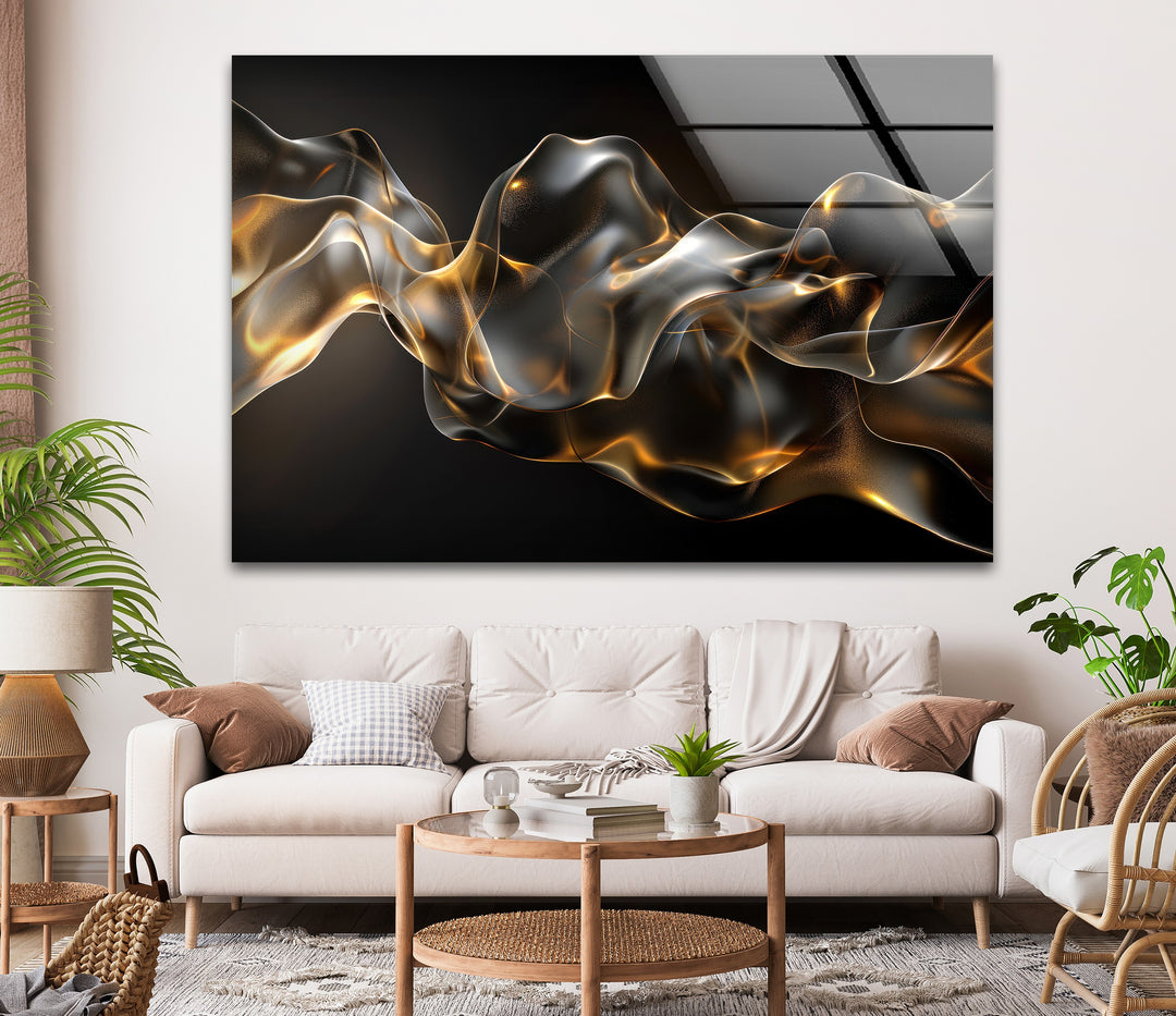 Golden Ember Veil – Abstract Smoke Wave Glass Wall Art