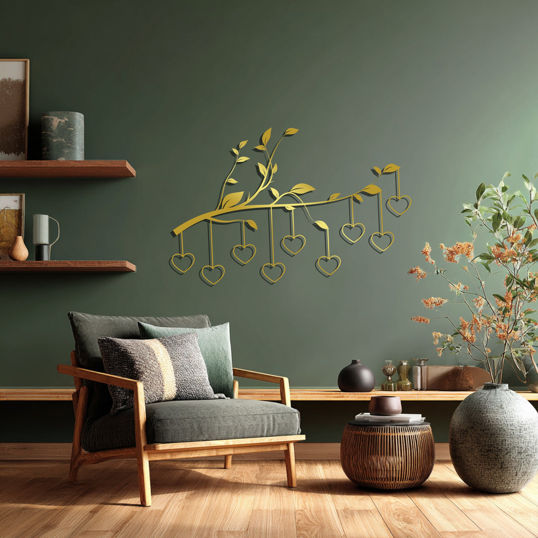 Hanging Hearts on Branch – Romantic Metal Wall Art