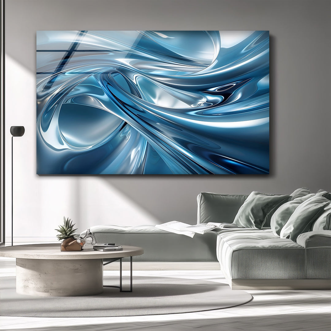 Azure Liquid Motion – Abstract Chrome Blue Glass Wall Art