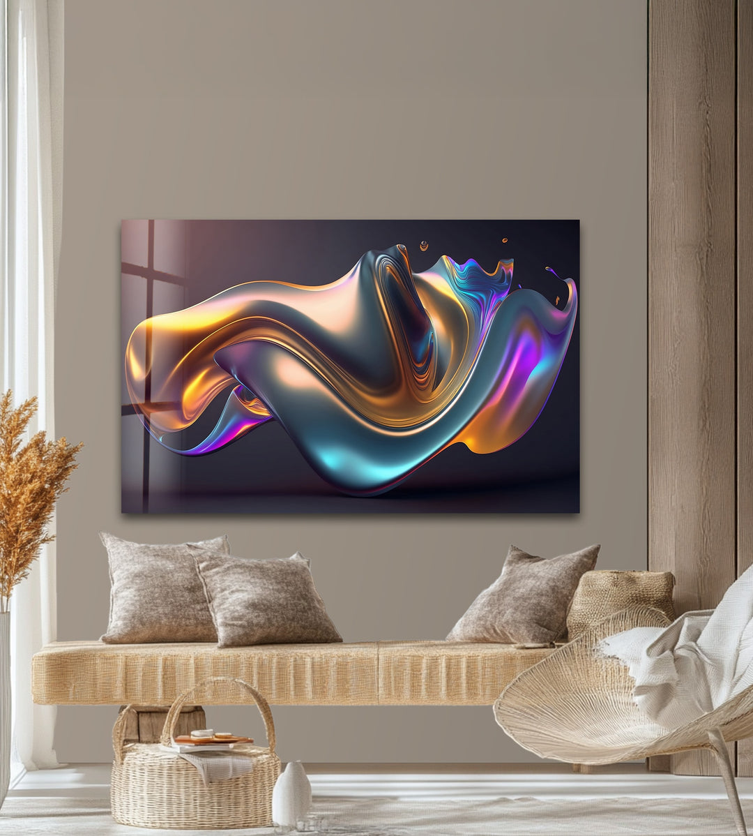 Prismatic Flow Mirage – Iridescent Chrome Wave Glass Wall Art