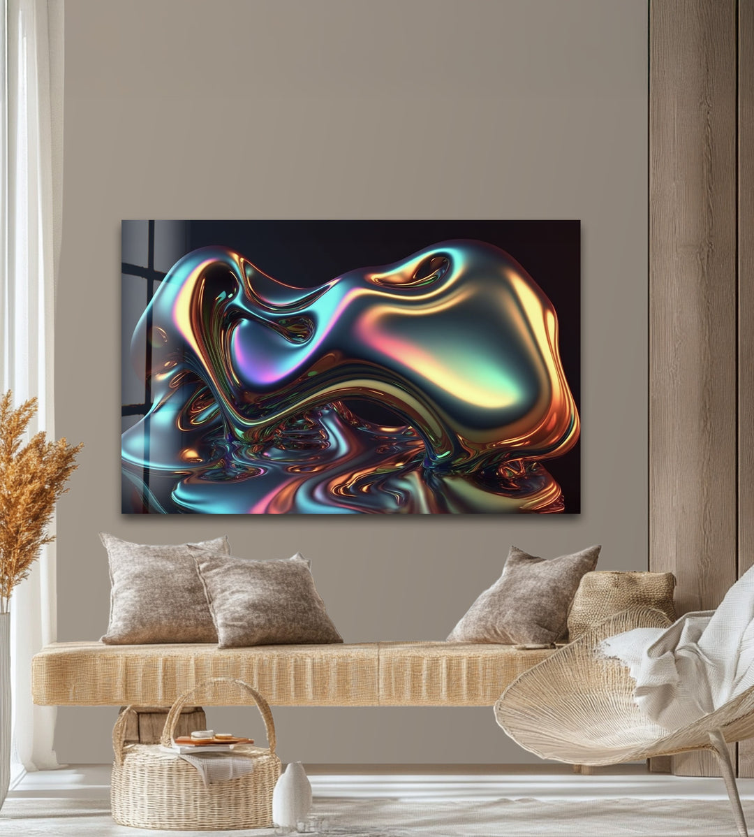 Spectrum Melt Aura – Iridescent Liquid Chrome Glass Wall Art