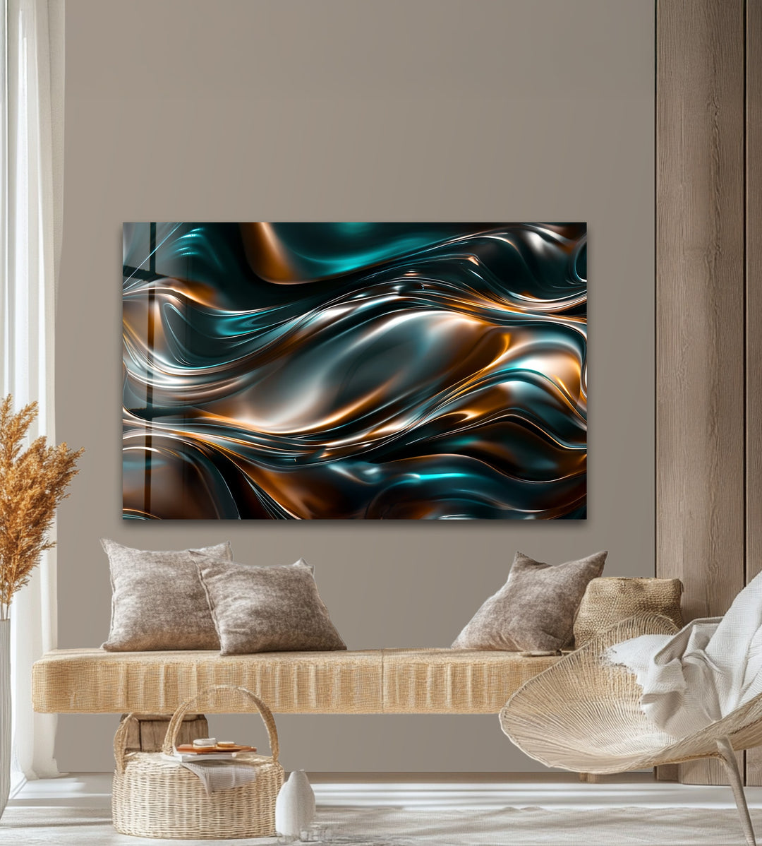 Obsidian Copper Drift – Abstract Metallic Wave Glass Wall Art