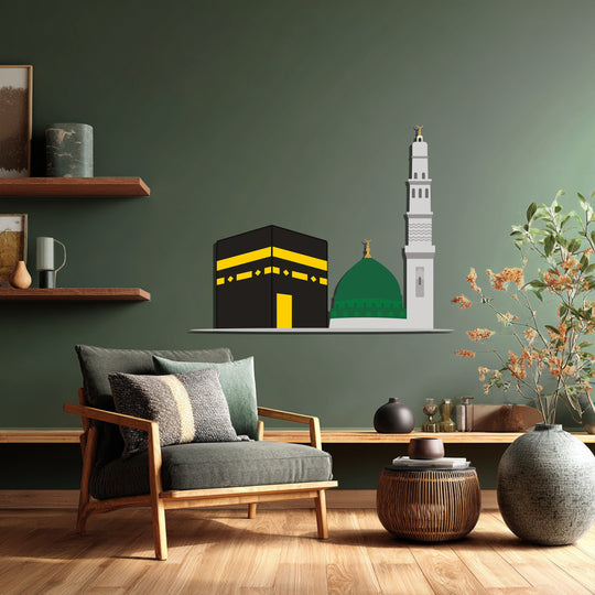 Defined by its edge and borders, the contemporary metal wall decor features the Kaaba and Masjid An-Nabawi in this modern Islamic art piece.