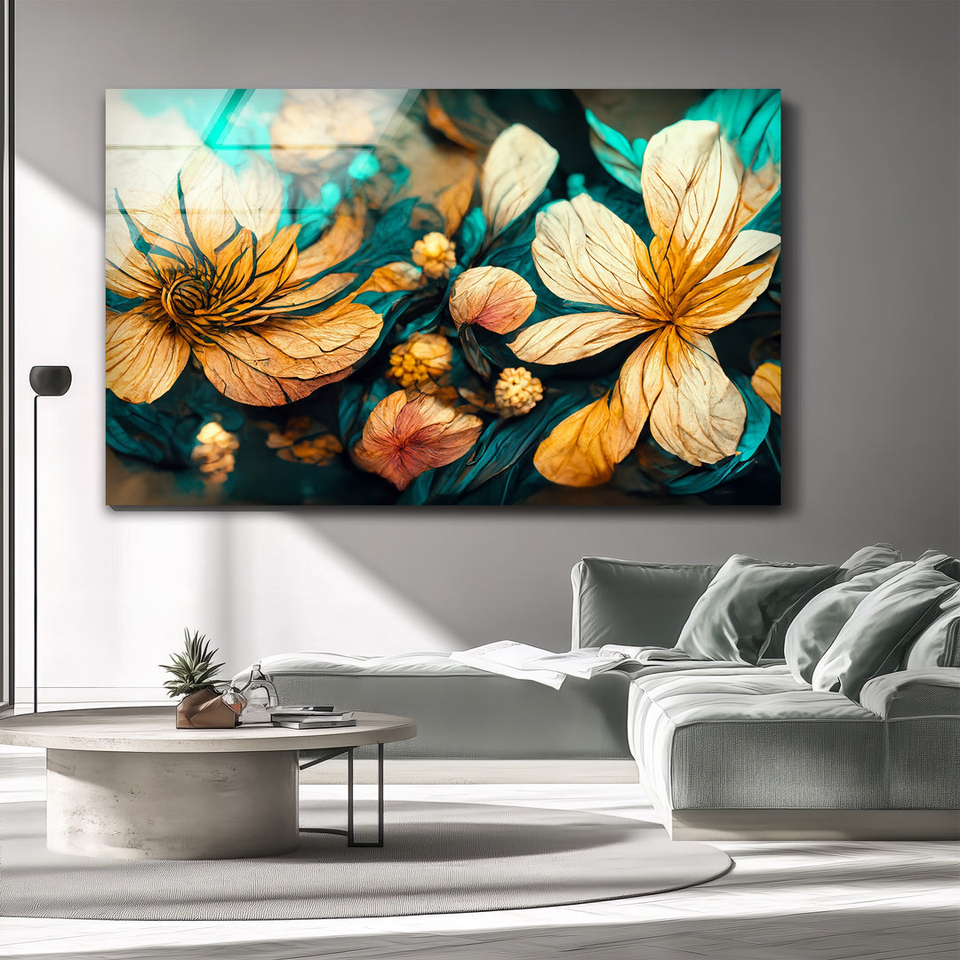 Golden Petal Bloom – Artistic Floral Fantasy Glass Wall Art