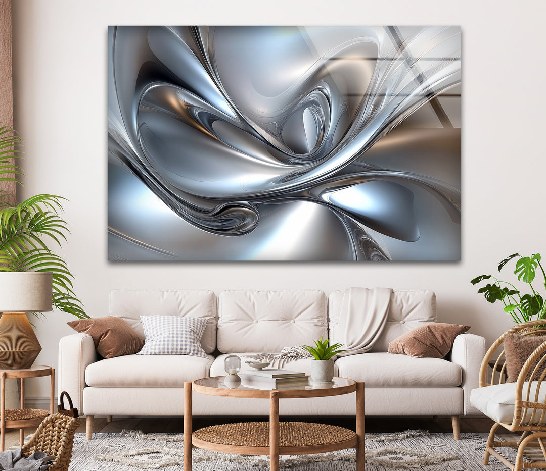 Polar Chrome Drift – Abstract Silver Fluid Glass Wall Art