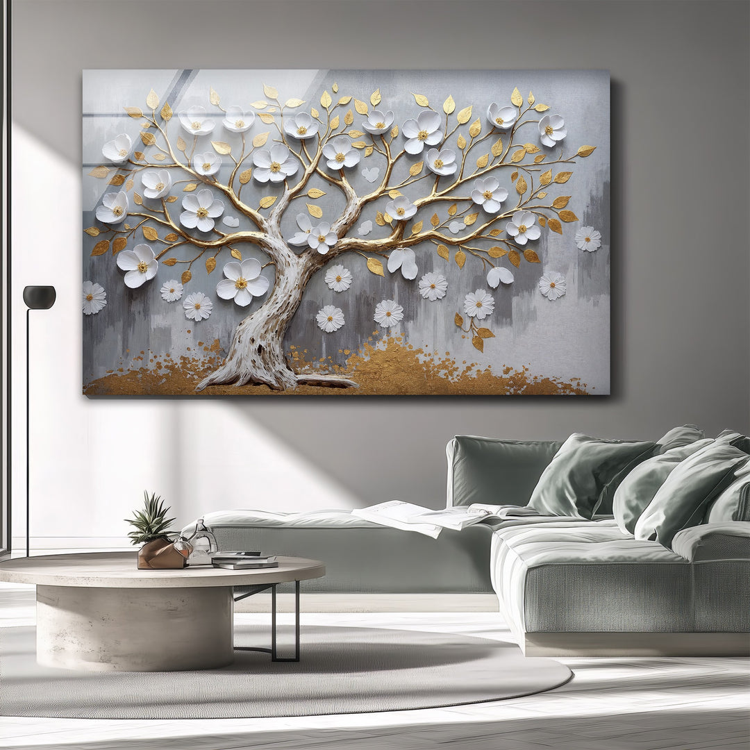Golden Blossom Tree – Elegant Floral Relief Glass Wall Art