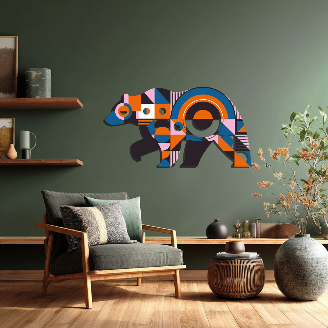 Geometric Bear Metal Wall Art – Colorful Modern Animal Home Decor
