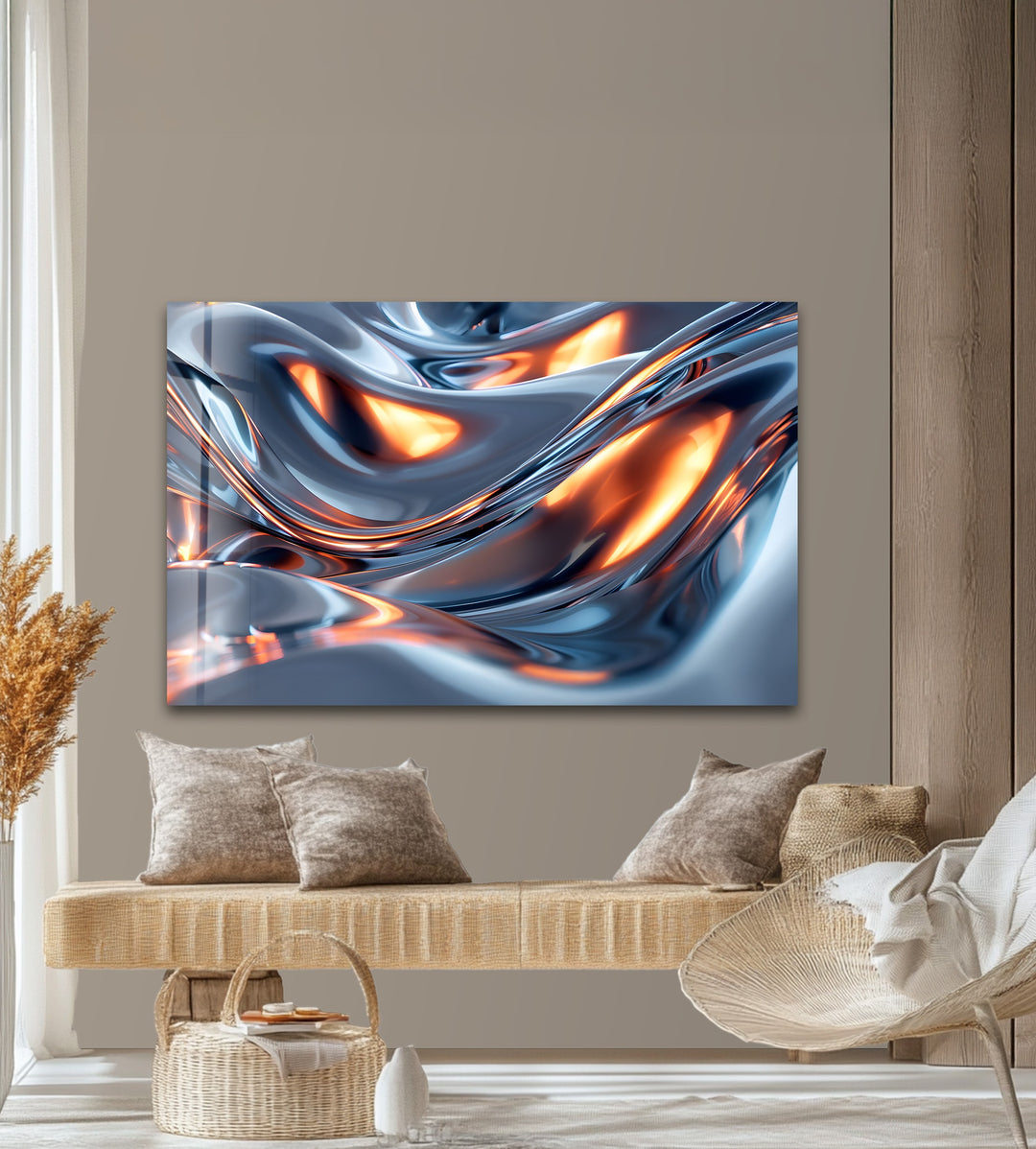 Solar Chrome Surge – Abstract Silver & Ember Flow Glass Wall Art