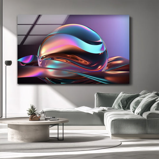 An iridescent chrome sphere artwork with flowing, colorful reflections on glossy glass printing.